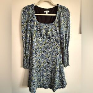 Topshop Blue and Green Floral Long Sleeve Dress